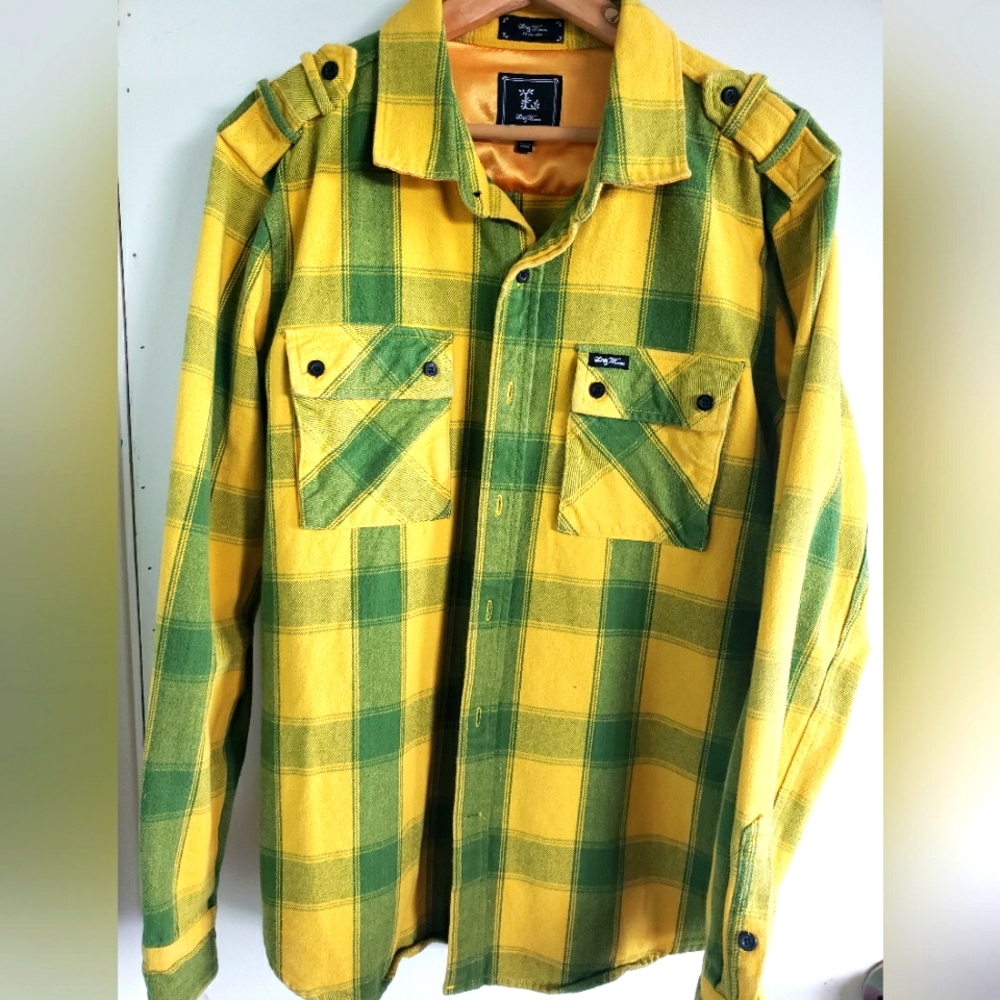 LRG Woven Button Up Green/Yellow Plaid Flannel Size M Silk Lined